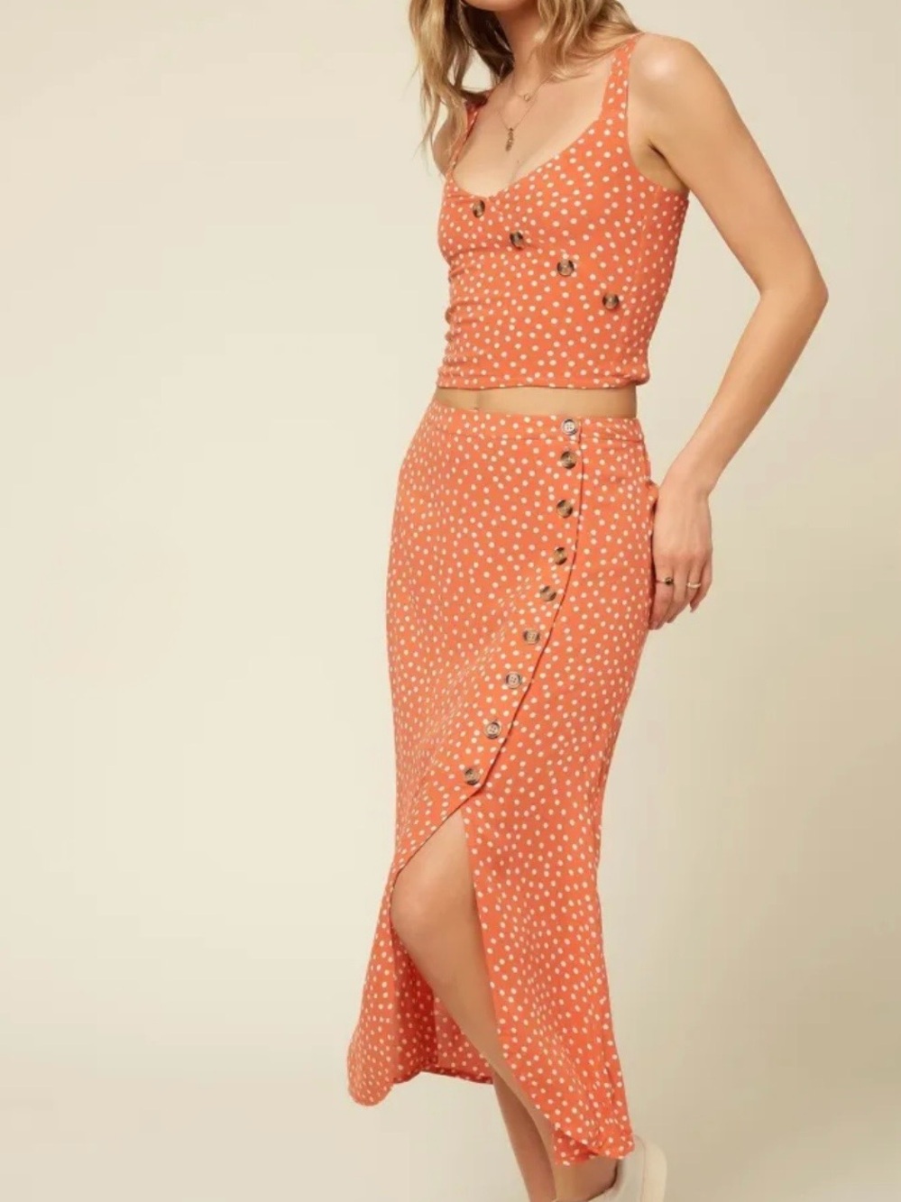 O’Neill Dolina Polka Dot Two Piece Set Orange White Halter Crop Top Maxi Skirt